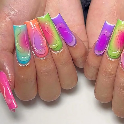Rainbow Gradient Press On Nails 3D Water Droplet Long Square Shape Artificial Fingernails Colorful ABS Plastic For Women