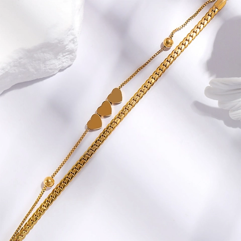 Minimalist Stainless Steel Layered Bracelet For Women Gold Plated Snake Chain With Heart Charms Fashion Jewelry Gift