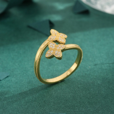 Butterfly Flower Cubic Zirconia Copper Open Ring Adjustable Micro Pave Milgrain Edge Fashion Elegant Jewelry For Women