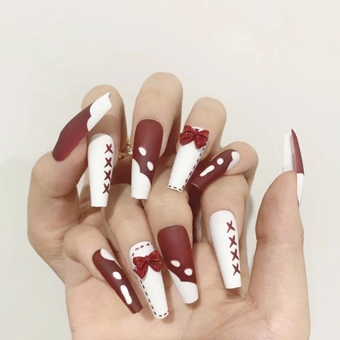 Uñas Postizas Coffin Dulce Rojo Vino Y Blanco Largas Ballerina Con Lazos 3D Y Patrón De Corazón Para Mujeres