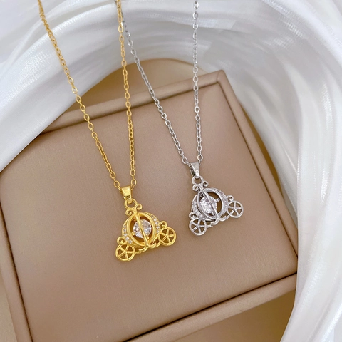 Pumpkin Carriage Pendant Necklace Titanium Steel Chain Copper Inlaid Zircon Sparkling Fairy Tale Style Elegant Jewelry