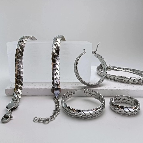 Stainless Steel Jewelry Necklace Bracelet Earrings Ring Flat Snake Chain Hip Hop Minimalist Women Gold Tone