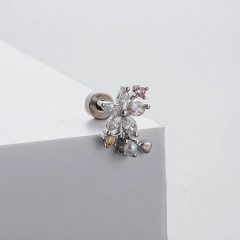 Zircon Bow Heart Flower Stud Earrings Titanium Steel Screw Back Cartilage Piercing Jewelry For Women