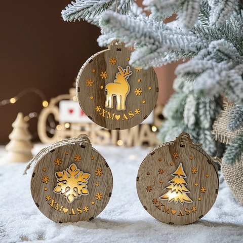 Christmas Wooden LED Glowing Hanging Ornaments Round Hollow Wood Snowflake Reindeer Xmas Tree Holiday Decor Pendant