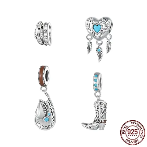 Western Cowboy Style 925 Sterling Silver Charms Retro Turquoise Cowboy Boot Hat Heart Dreamcatcher DIY Jewelry Beads