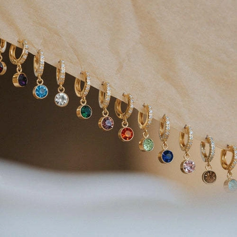 Copper Birthstone Stud Earrings Round Crystal Pendant Cubic Zirconia Minimalist Gold Plated Fashion Jewelry For Women