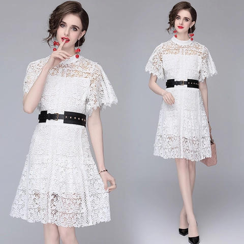 Elegant White Lace Midi Dress For Women With Short Sleeves Stand Collar Hollow Out Flower Design And Black Belt Elegant