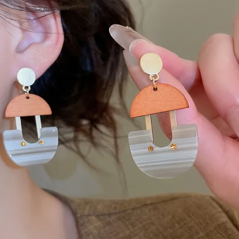 Boucles d'oreilles Pendantes En Forme De U Géométrique Résine Bois Alliage Avec Tige En Argent Sterling 925 Style Bohème