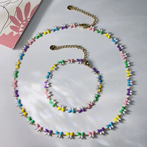 Collar y Pulsera de Mariposa de Esmalte Colorido de Acero Inoxidable Chapado en Oro de 18K para Mujer Joyería de Moda