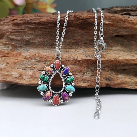 Boho Multi-Farben Edelstein Anhänger Halskette Legierung Hohl Wassertropfen Türkis Vintage Ethnisch Damen Schmuck