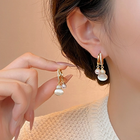 Pendientes Colgantes Piedra Ojo De Gato Con Perla Artificial Circón Aleación Y Poste De Plata Para Mujer Joyería Elegante
