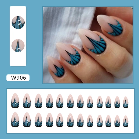 Kunstnagels Amandelvorm Lichtblauw Vissenstaart Patroon Franse Stijl Waterdruppel Textuur Plastic Manicure