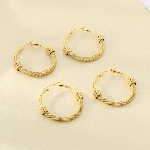 Gold Plated Stainless Steel Hoop Earrings For Women Twist Spiral Texture Decorative Rings Fashion Retro Jewelry