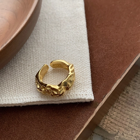 925 Sterling Silber Ring Für Frauen Unregelmäßige Lava Textur Falten Metall Offen Verstellbar Minimalistisch Ins Stil