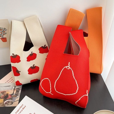 Bolso De Punto Con Estampados De Frutas Manzana Calabaza Durazno Fresa Bolso De Mano Informal Dulce Para Mujer