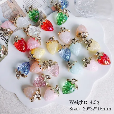 Dijes De Fresa Colgantes De Resina Con Hoja De Metal Dorado Para Hacer Joyas Pendientes Collar Accesorios Estilo Dulce