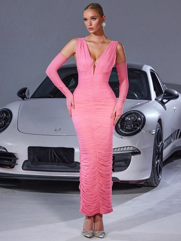 Ruched Bodycon Maxi Dress With Sleeve Covers Sexy V Neck Sleeveless Slim Fit Solid Color Polyester Spandex For Women