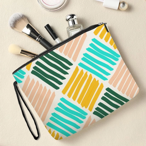 Borsa Trucco A Righe Multicolore In Lino Fine Pochette Cosmetica Con Cerniera E Cinturino Da Polso Organizzatore Da Viaggio
