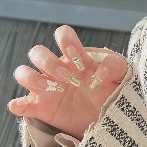 Butterfly Press On Nails Μακριά Σχήμα Φέρετρο Στρας Γαλλικό Στυλ Nude Ροζ Τεχνητά Ψεύτικα Νύχια Για Γυναίκες