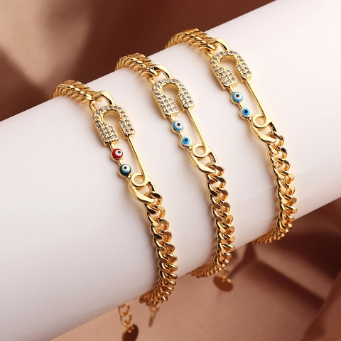 Evil Eye Safety Pin Cuban Link Bracelet 18K Gold Plated Brass Zircon Hip Hop Adjustable Jewelry For Women