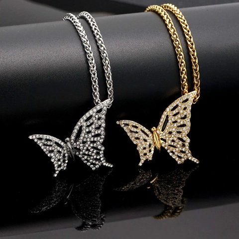 Hip Hop Fashion Stainless Steel Butterfly Pendant Necklace With Rhinestone For Men Women Iced Out Jewelry Butterfly Pendant Only