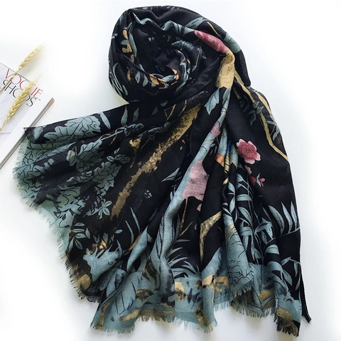 Bufanda Chal Para Mujer Fibra De Viscosa Estampado Floral Pájaros Satén Estilo Vintage Ligera Protección Solar Flecos