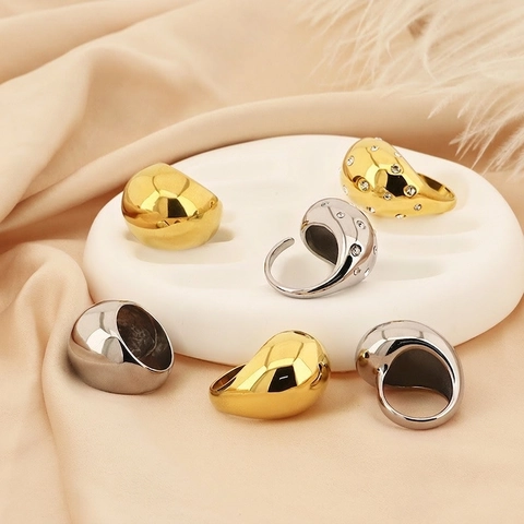 Anillo Gota De Agua Para Mujer Acero Inoxidable Con Diamantes De Imitación Grueso Pulido Espejo Chapado En Oro Ajustable