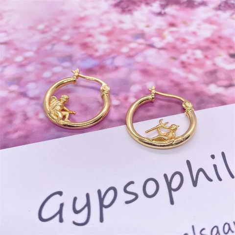 Boucles d'Oreilles Créoles en Argent Sterling 925 Plaqué Or Ange et Diable pour Femmes Vintage Cupidon Relief Petites Boucles d'Oreilles Rondes Bijoux de Mode Cadeau