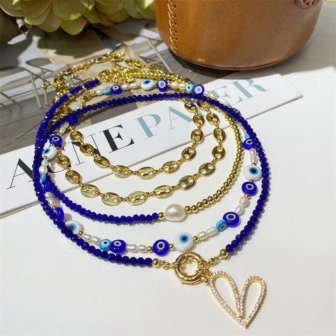 Layered Necklace With Evil Eye Beads Artificial Pearls And Heart Pendant Gold Coffee Bean Chain Bohemian Style For Women