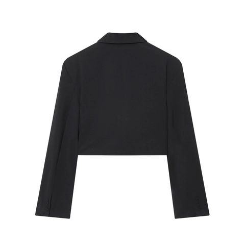 Women Cropped Blazer Notched Lapel Long Sleeve Padded Shoulders Ruched Detail Solid Woven Elegant Office Outerwear