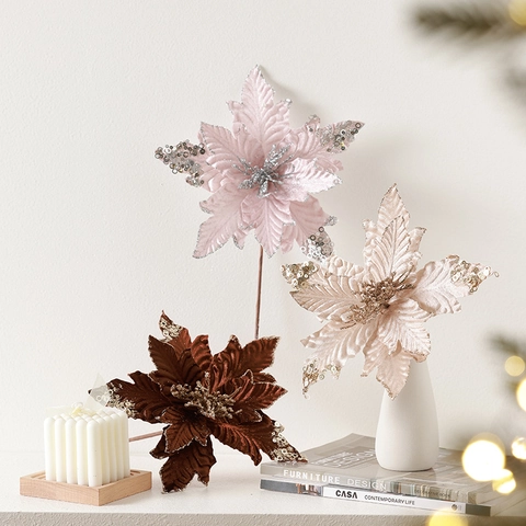 Artificial Christmas Poinsettia Flowers Glitter Sequin Fabric Floral Ornaments For Holiday Party Christmas Tree Decor