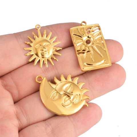 Edelstahl Sonne Mond Gesicht Anhänger Vergoldet Tarot Stil Für DIY Schmuckherstellung Halsketten Zubehör