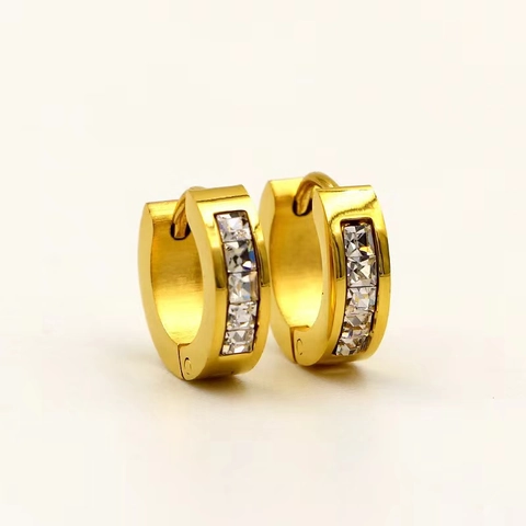 Stainless Steel Rhinestone Hoop Earrings Geometric Inlaid Cubic Ear Buckle For Men Women Fashion Jewelry Accessory