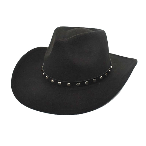 Western Cowboy Hat Wool Felt Fedora With Rivet Leather Band Retro Wide Brim Outdoor Jazz Cap For Men Women