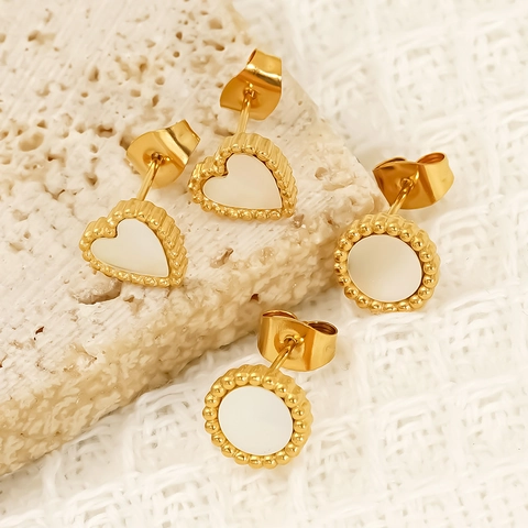 Heart Round Shape Shell Inlay Stud Earrings Gold Plated 304 Stainless Steel Beaded Edge Waterproof Hypoallergenic For Women