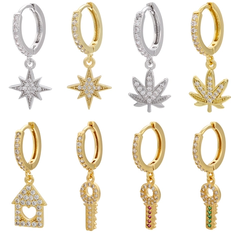 Pendientes de Aro de Latón con Micro Circonia Estrella Octogonal Hoja Llave Casa Oro Plata Chapado Mujer Joyería Tendencia