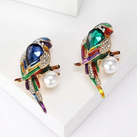 Spilla Pappagallo in Smalto Colorato Con Strass E Perla Artificiale Simpatico Uccello Animale Spilla Moda Donna Gioielli Accessori