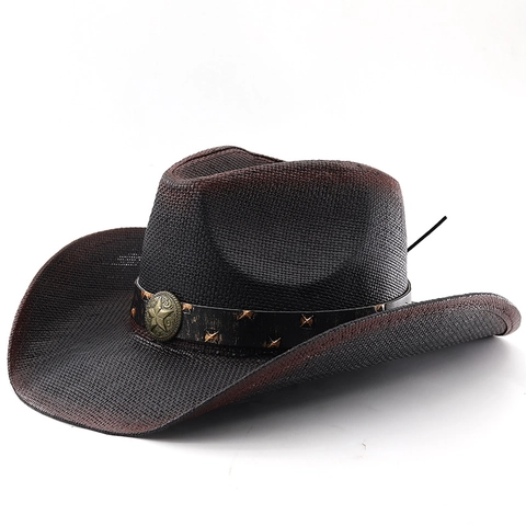 Cappello Da Cowboy Western Gradiente Rosso Nero Paglia Di Carta Traspirante Protezione Solare Stile Vacanze Al Mare Per Uomo Donna Con Cinturino In Pelle Con Borchie A Stella