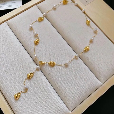Y-Förmige Lariat Halskette 18K Vergoldetes Kupfer Imitationsperle Unregelmäßige Künstliche Perlen Vintage Französischer Stil Für Damen