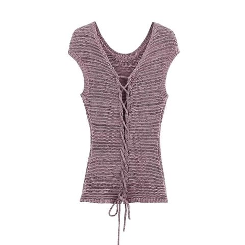 Women Knitted Sleeveless V-Neck Drawstring Top And Matching Shorts Streetwear Casual Summer Solid Color Lounge Outfit