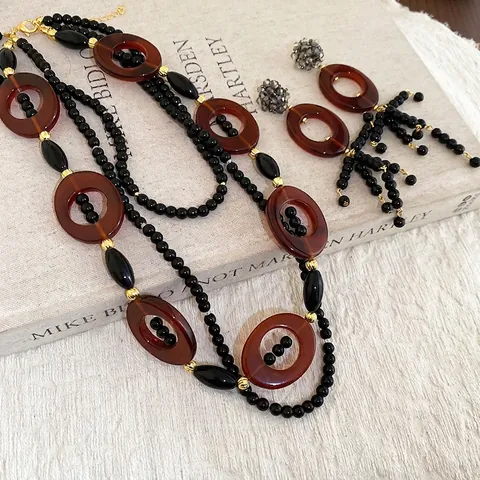 Vintage Multi Layer Beaded Necklace And Tassel Earrings Crystal Resin Oval Fringe Ethnic Jewelry Silver Earring Post