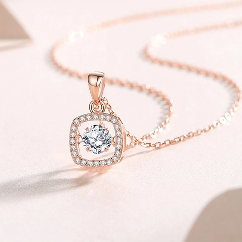 925 Sterling Silver Dancing Heart Square Pendant Necklace With Moissanite Zirconia Stones For Women Commuting Fashion Jewelry