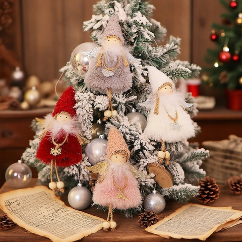 Decorazioni Angeli Di Peluche Di Natale Bambola Fata Appesa Con Pelliccia Sintetica Ali Luccicanti Perline Di Legno Per Albero Di Natale