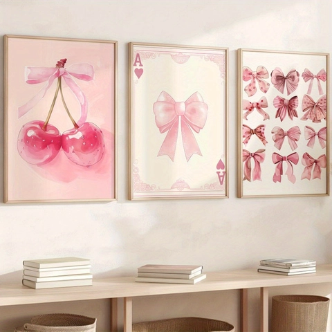 Pink Bow Cherry Heart Card Wall Art Poster Nordic Coquette Style Girly Bedroom Decor Watercolor Canvas Painting Core