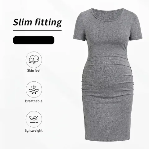 Robe De Maternité À Manches Courtes Côtés Froncés Col Rond Moulante Coupe Ajustée Gris Extensible Vêtement Grossesse