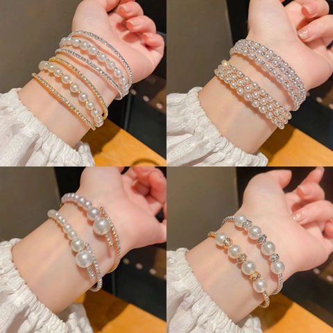 French Style Multi Layer Artificial Pearl Rhinestone Open Cuff Bracelet For Women Elegant Luxury Wedding Party Jewelry Accessory