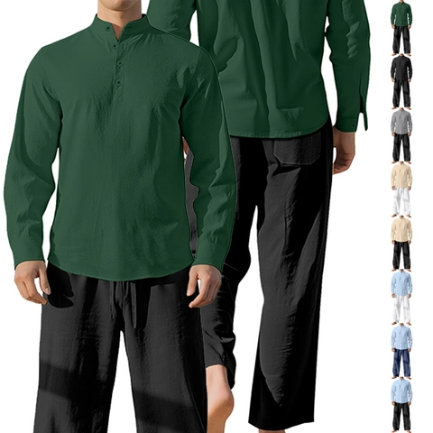 Homme Chemise Et Pantalon Décontractés Mélange De Lin Manches Longues Col Officier Boutonné Tenues De Vacances À La Plage