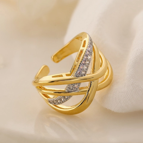 Anello Aperto Geometrico Irregolare Incrociato Donna Rame Placcato Oro Con Zircone Bianco Inlay Gioielli Vintage Regolabili