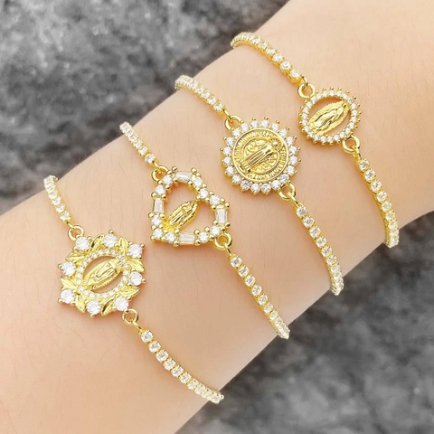 Women 18K Gold Plated Copper Bracelet With Virgin Mary Heart Medal Medal Religious Jewelry Zirconia Inlaid Slider Bracelet
