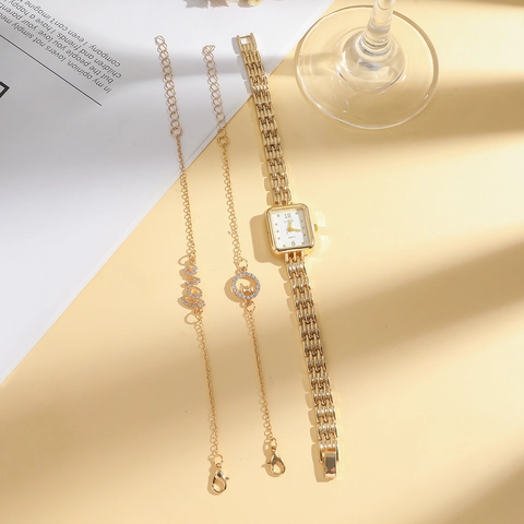 Élégante Montre Bracelet Et Parure De Bijoux Pour Femmes Cadran Carré Quartz Alliage De Zinc Strass Mode Rétro